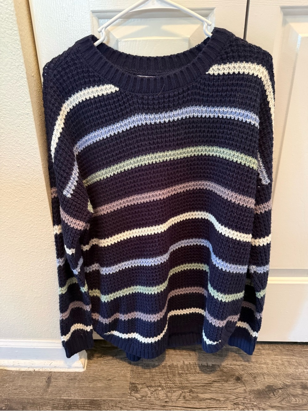 SO Navy Blue Striped Crewneck Sweater with Pastel Stripes